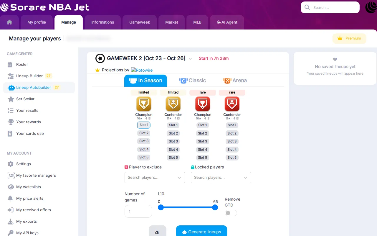 Lineup Autobuilder with the competition, slot, exclude and lock filters