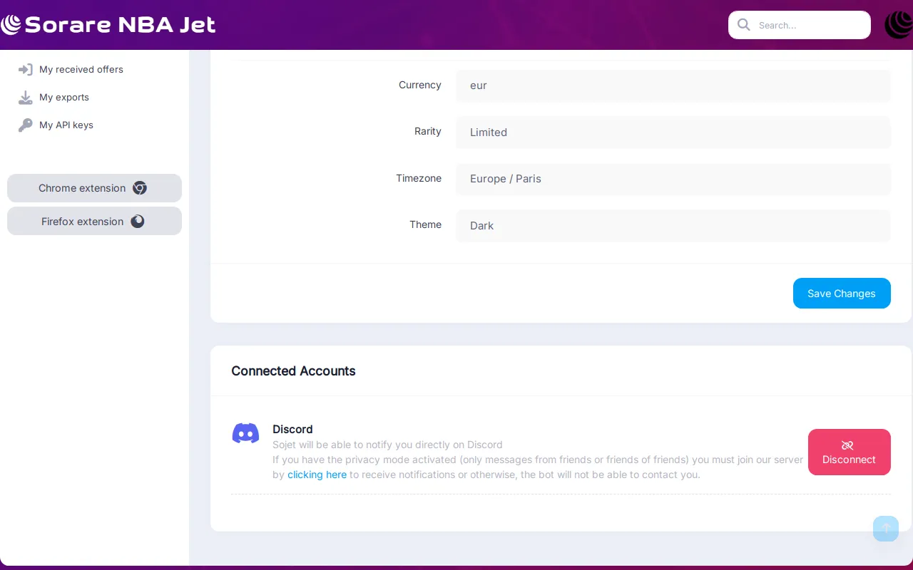 Sorare NBA Jet settings page with the Discord account connected for player status alerts