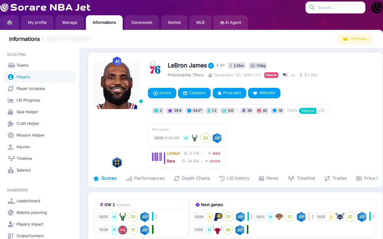 LeBron James player page with stats, next game and floor prices