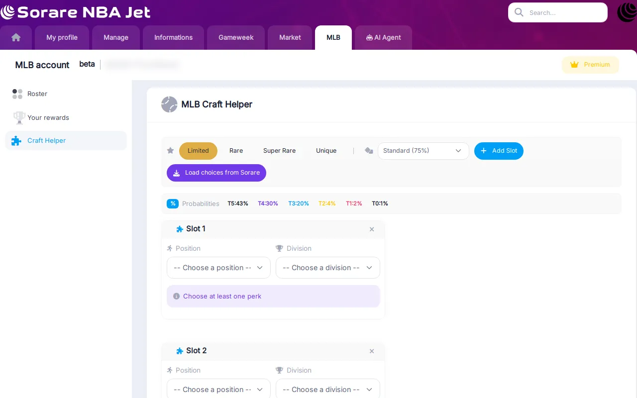 MLB Craft Helper with rarity, draw type, probabilities and craft slots