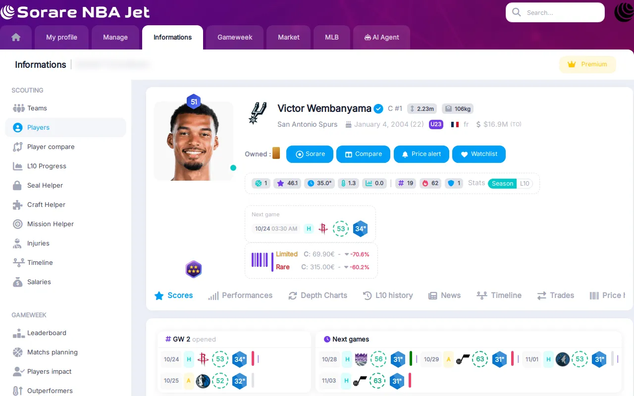Victor Wembanyama player page with stats, next games and floor prices
