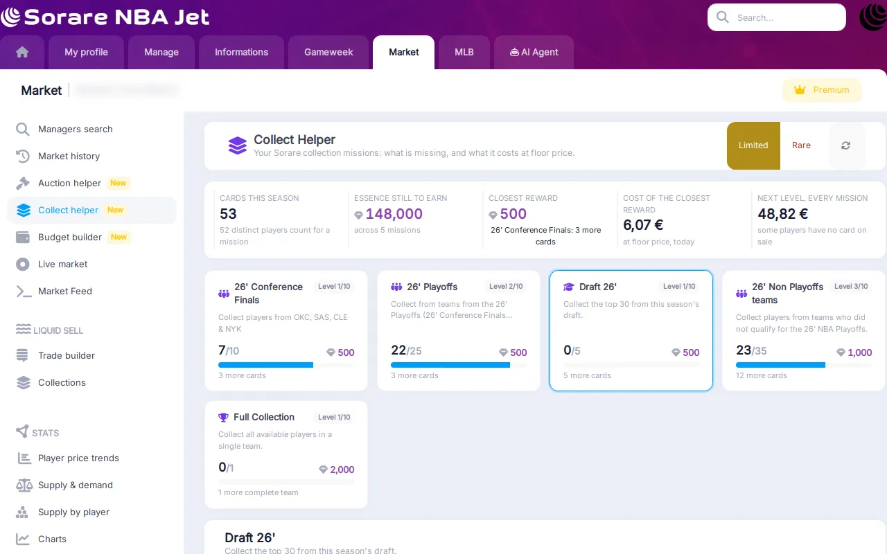 Collect Helper showing the Sorare NBA collection missions, essence to earn and cost to complete