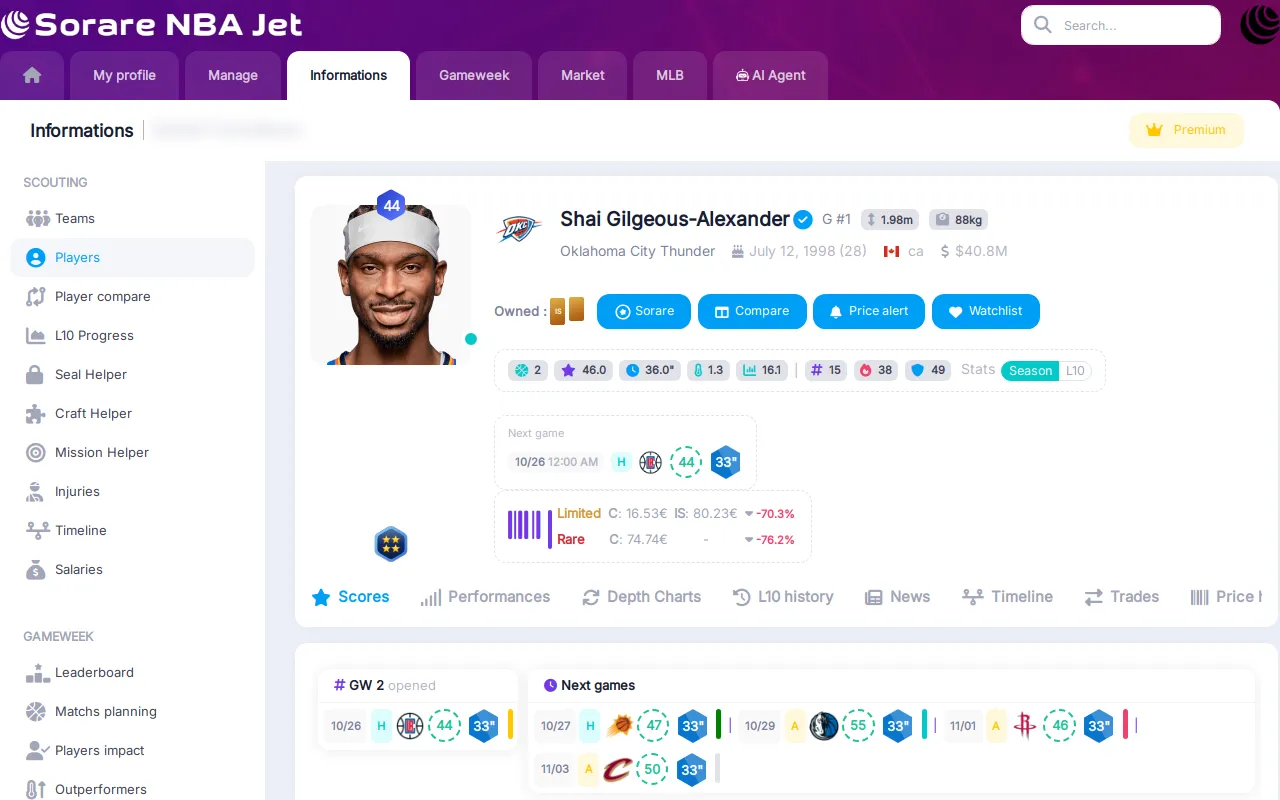 Redesigned Shai Gilgeous-Alexander player page with its header, stats and tabs