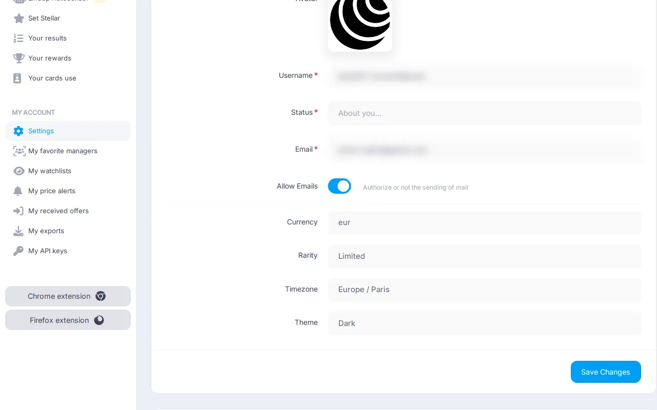 Sorare NBA Jet settings with the currency, rarity, timezone and theme preferences