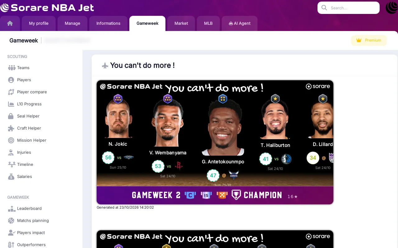 You can't do more card showing the best projected Sorare NBA Champion lineup of the gameweek