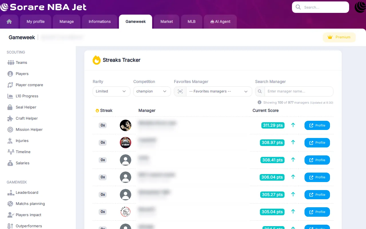 Streaks tracker listing Limited Champion managers with their streak and current score